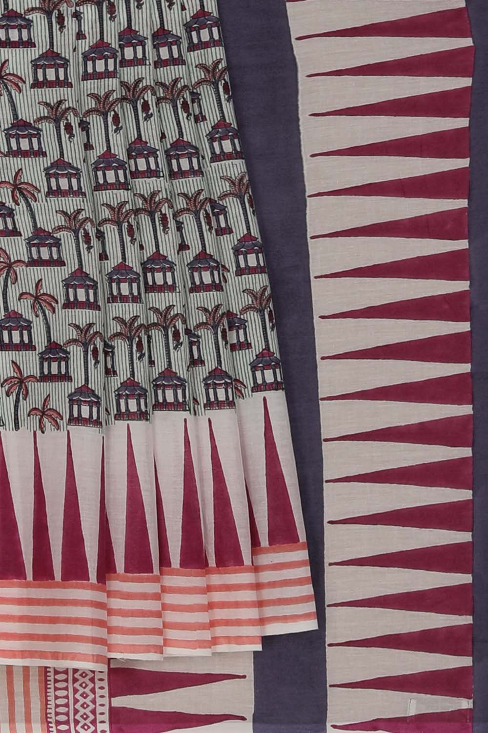 Image of Light Green & Dark Pink Sanganeri Hand Block Printed Saree